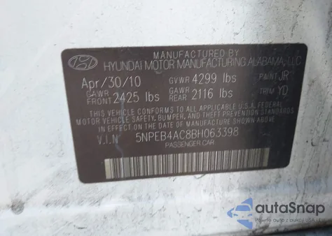 2011 Hyundai Sonata Gls из США, поврежденный, VIN 5NPEB4AC8BH063398